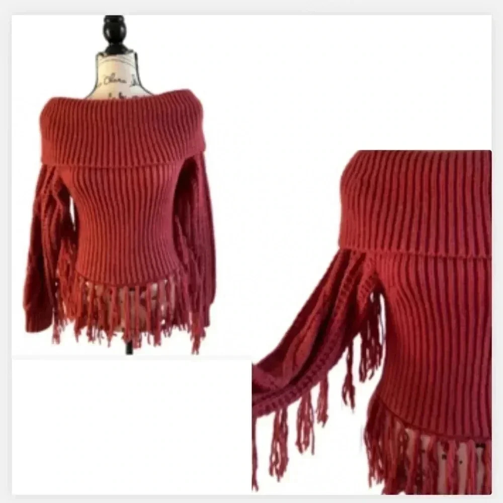 Bibi Festival Ready fringe tassels Sweater Rust Orange Off the Shoulder style